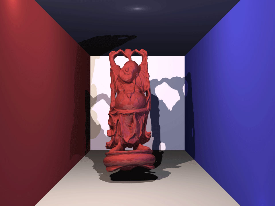 Accelerated ray tracer.  Happy buddha, glossy red material.  100,010 triangles.