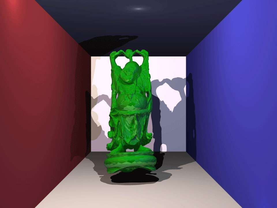 Accelerated ray tracer.  Happy buddha, glossy green material.  100,010 triangles.