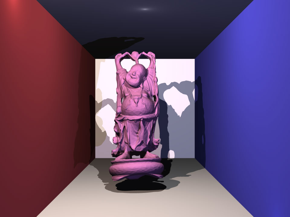 Accelerated ray tracer.  Happy buddha, matte pink material.  100,010 triangles.