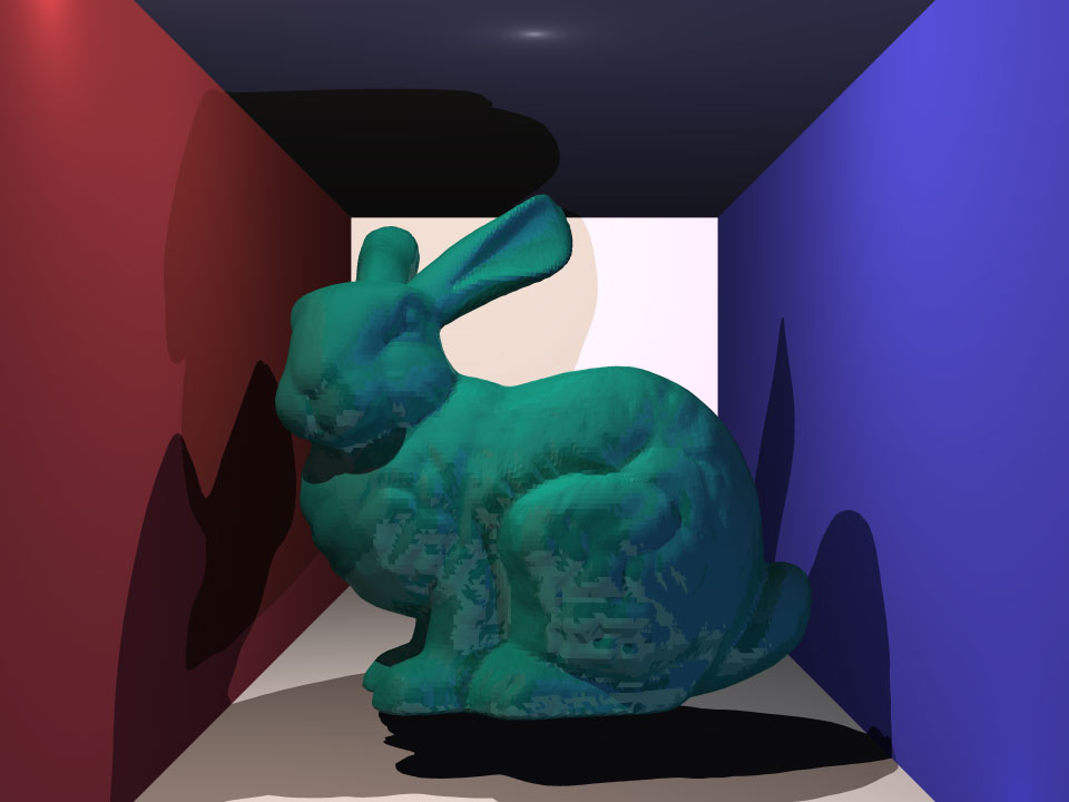 Accelerated ray tracer.  Stanford bunny, shiny aquamarine material.  69,676 triangles.