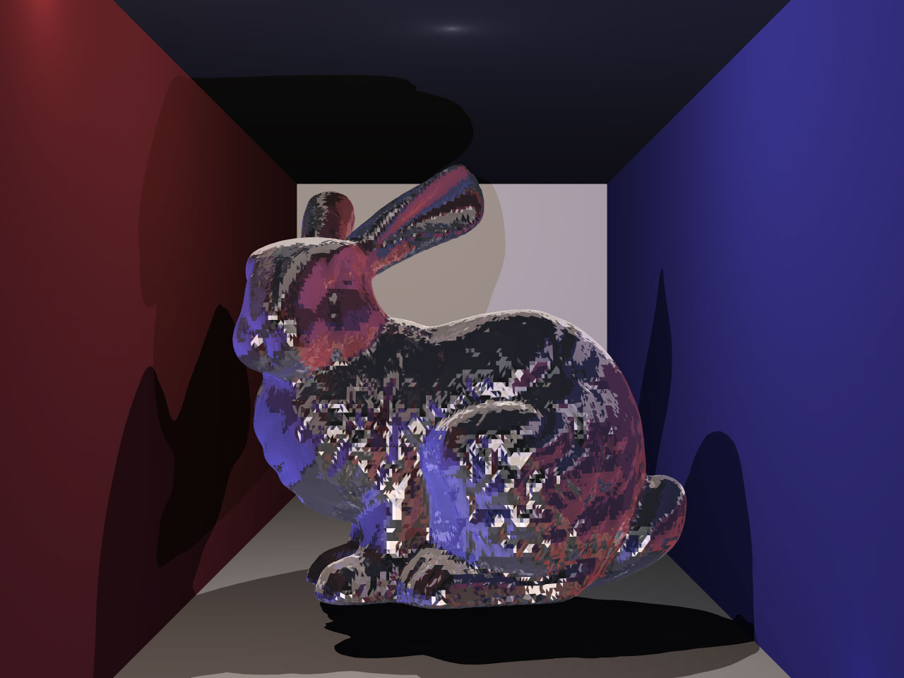 Accelerated ray tracer.  Stanford bunny, glass material.  69,676 triangles.