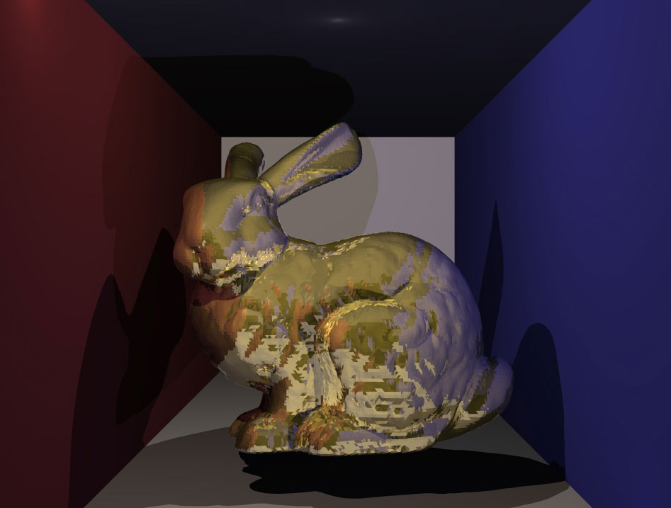 Accelerated ray tracer.  Stanford bunny, gold material.  69,676 triangles.