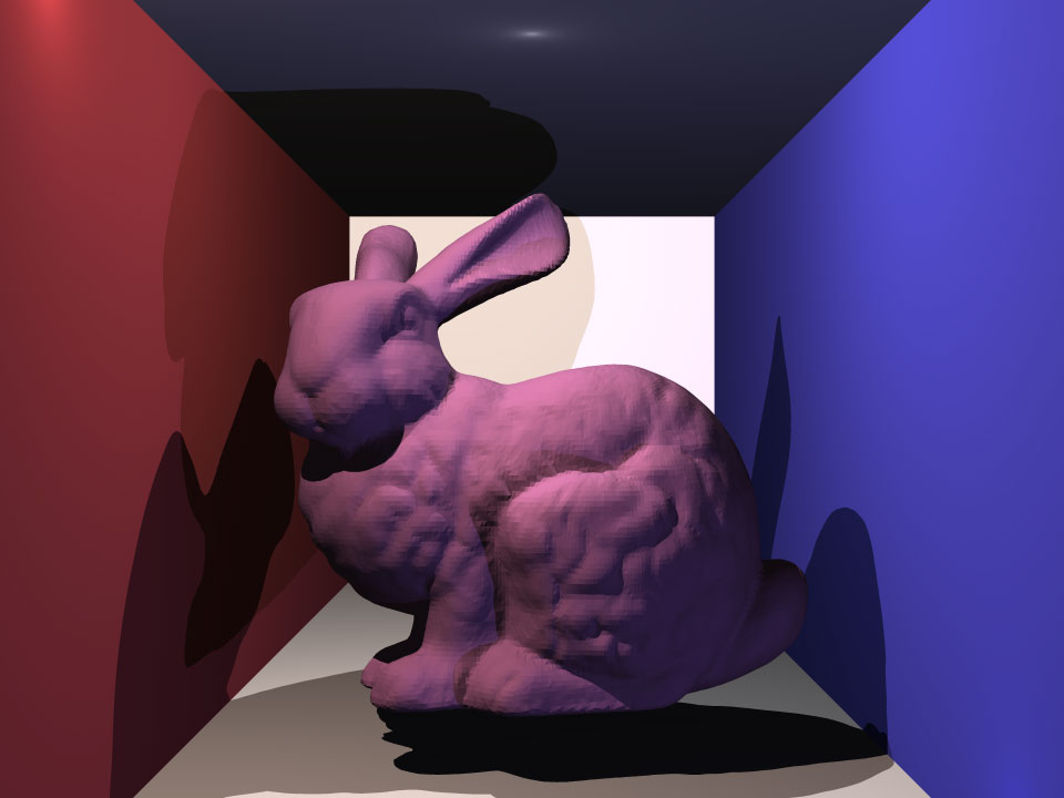 Accelerated ray tracer.  Stanford bunny, matte pink material.  69,676 triangles.