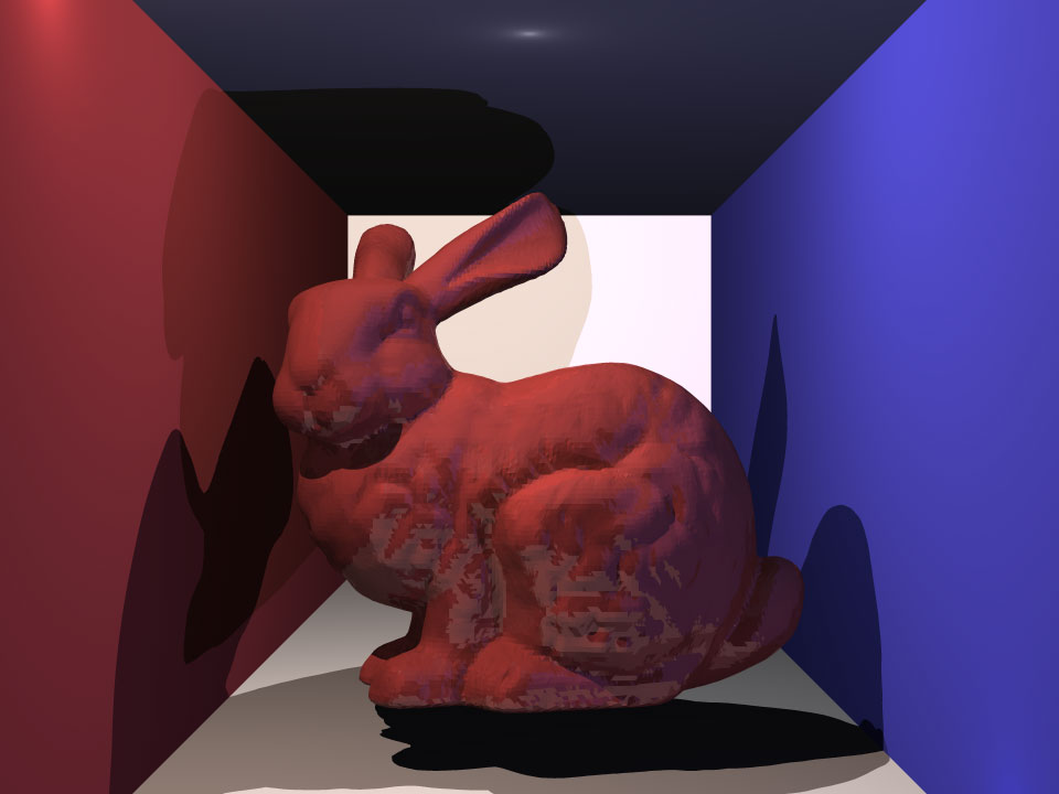 Accelerated ray tracer.  Stanford bunny, shiny red material.  69,676 triangles.