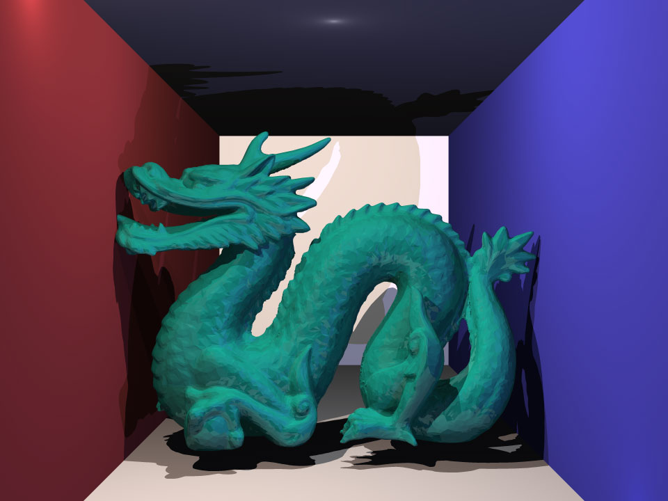 Accelerated ray tracer.  Stanford dragon, glossy green material.  100,016 triangles.