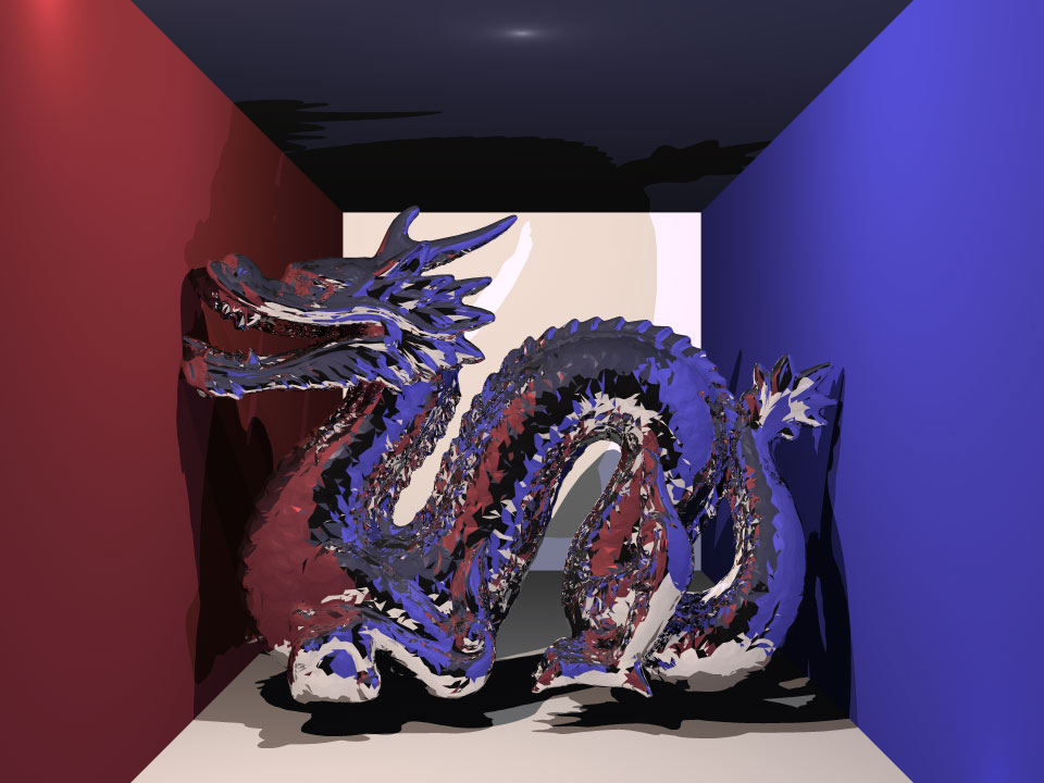 Accelerated ray tracer.  Stanford dragon, mirror material.  100,016 triangles.