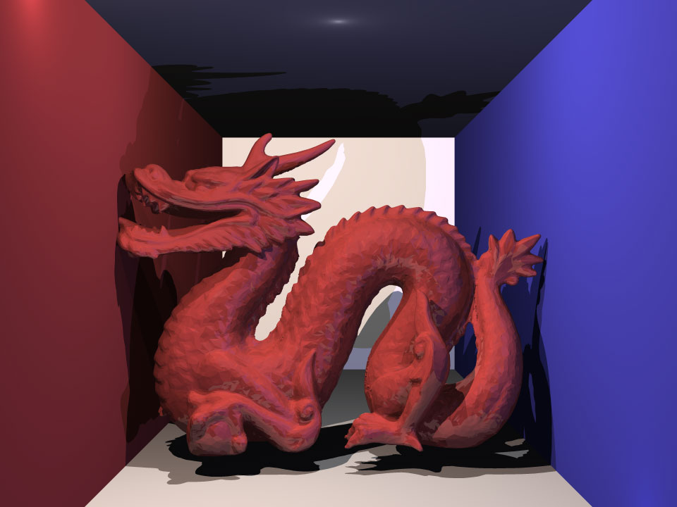 Accelerated ray tracer.  Stanford dragon, glossy red material.  100,016 triangles.