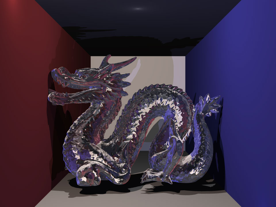 Accelerated ray tracer.  Stanford dragon, glass material.  100,016 triangles.